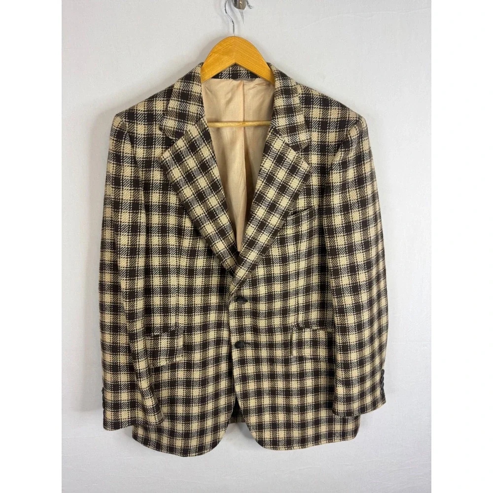 Vintage 70s Tip Top Wool Blend Plaid Blazer Sport Coat Brown Cream 44 Reg